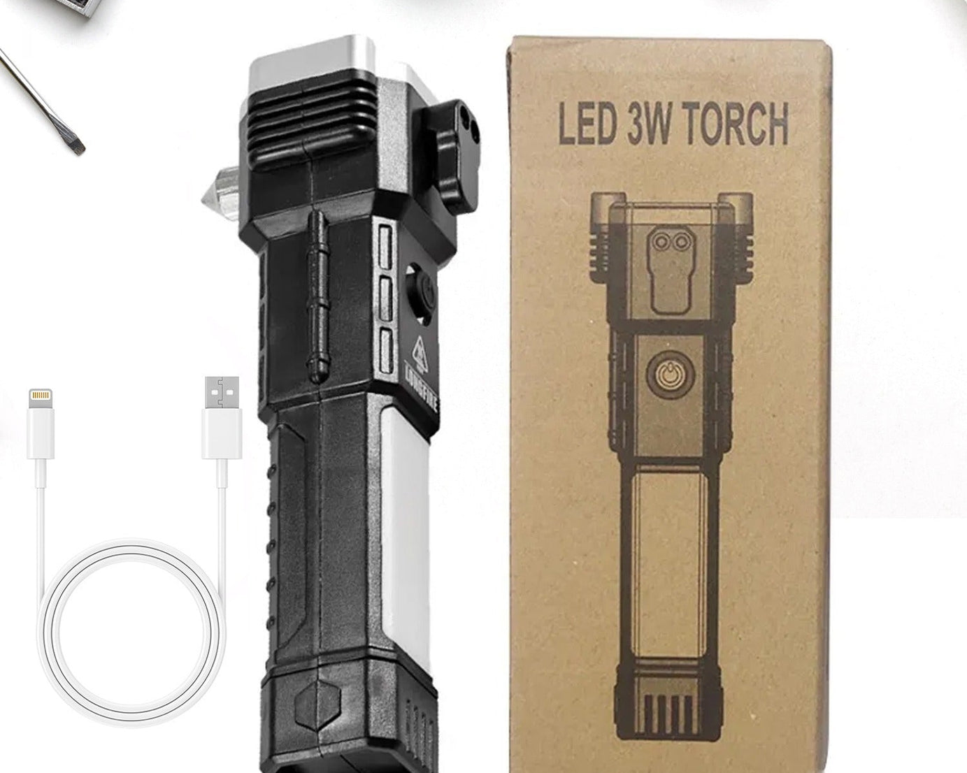 Portable 3w Rechargeable Torch LED Flashlight Long Distance Beam Range, Hammer and Strong Magnets, Window Glass and Seat Belt Cutter 4 Modes for Car Camping Hiking Indoor Outdoor