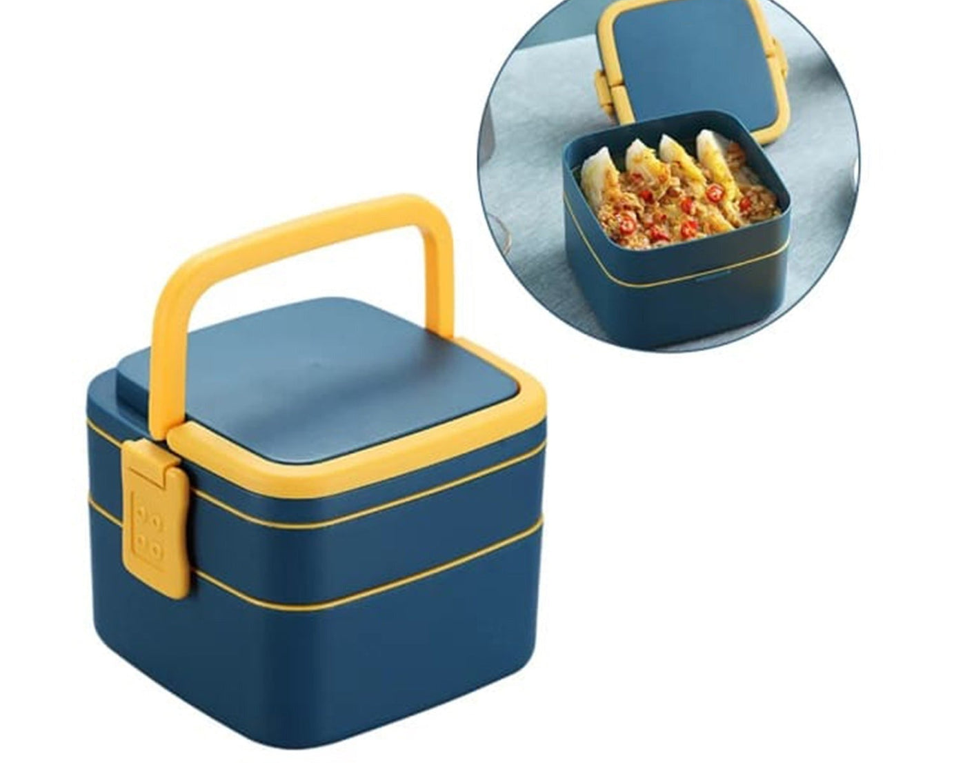 Stackable blue lunch box with carrying handle and spoon