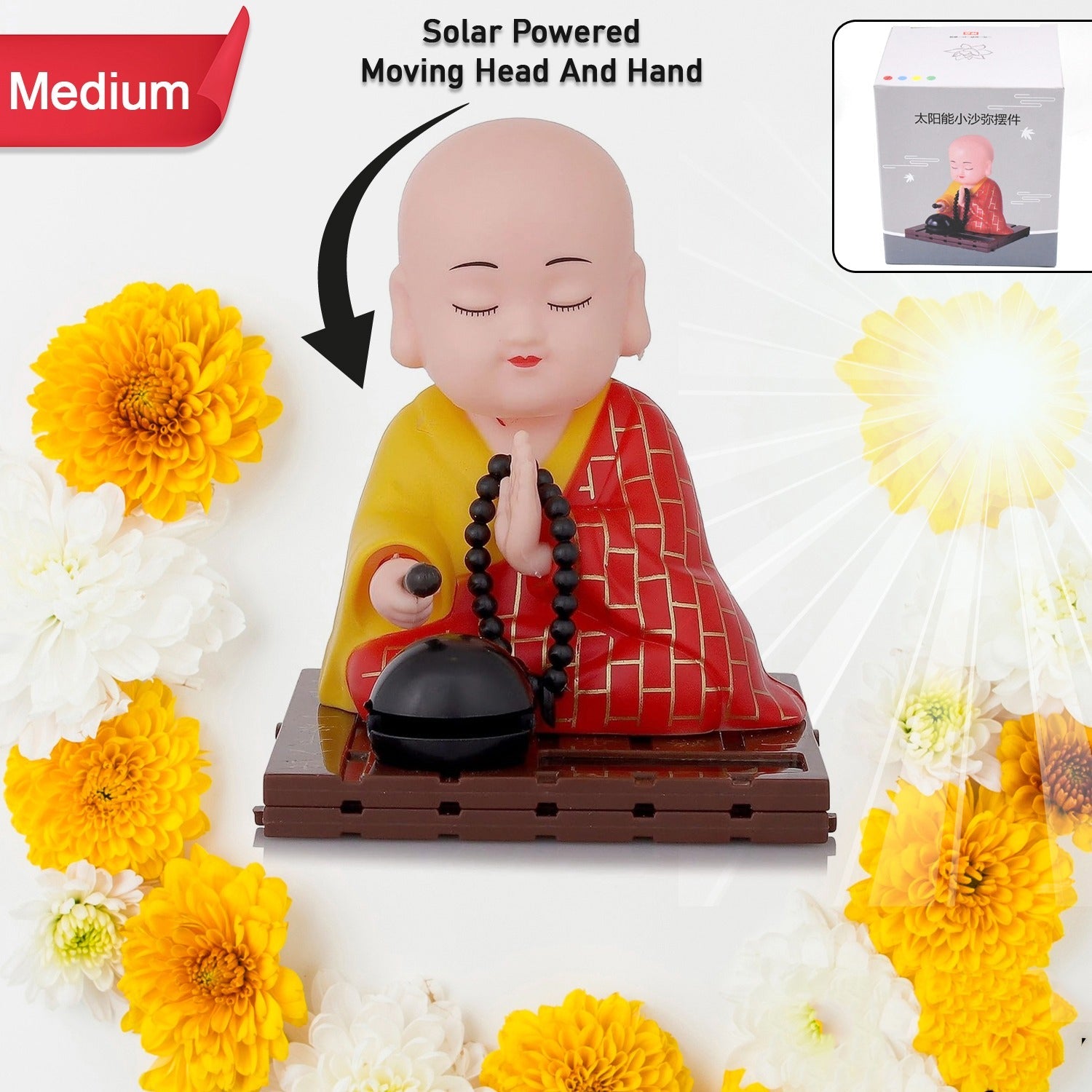 Solar Powered Sitting Buddha Statue, Moving Head and Hand (1 Pc / Medium)