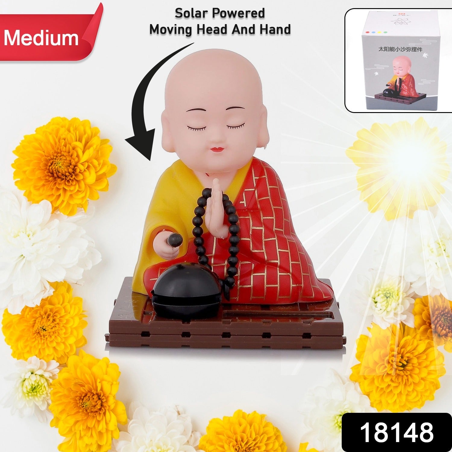 Solar Powered Sitting Buddha Statue, Moving Head and Hand (1 Pc / Medium)