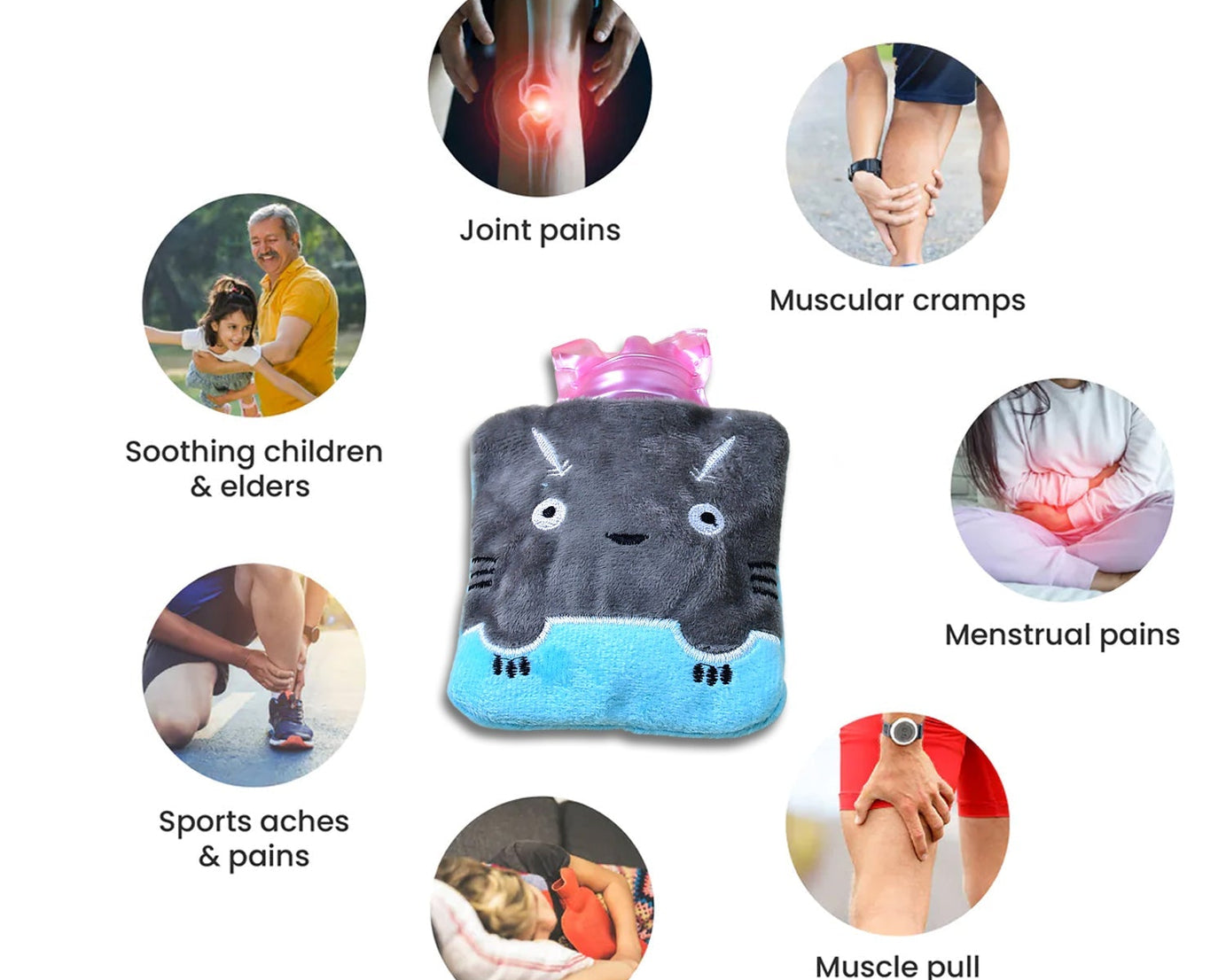 Grey Cat Print Small Hot Water Bag with Cover for Pain Relief