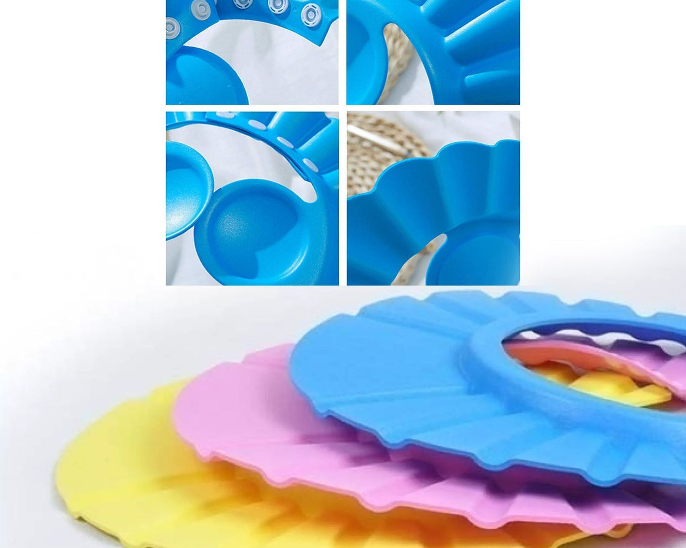 Baby shower cap designed for safe and comfortable bathing.