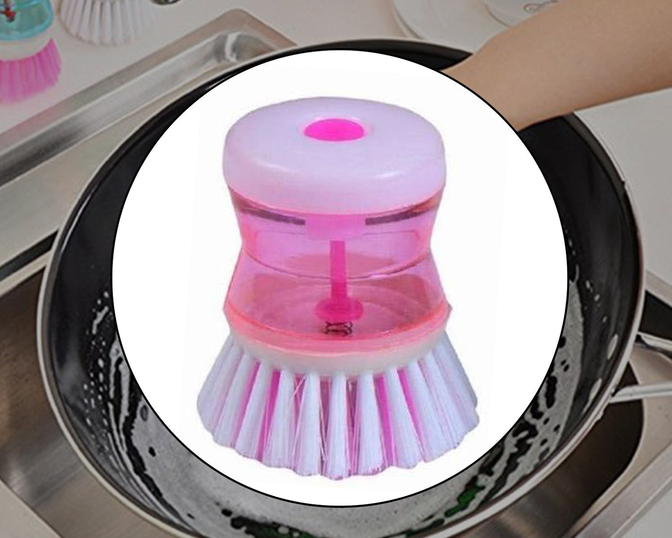 Kitchen cleaning brush with liquid soap dispenser for convenience