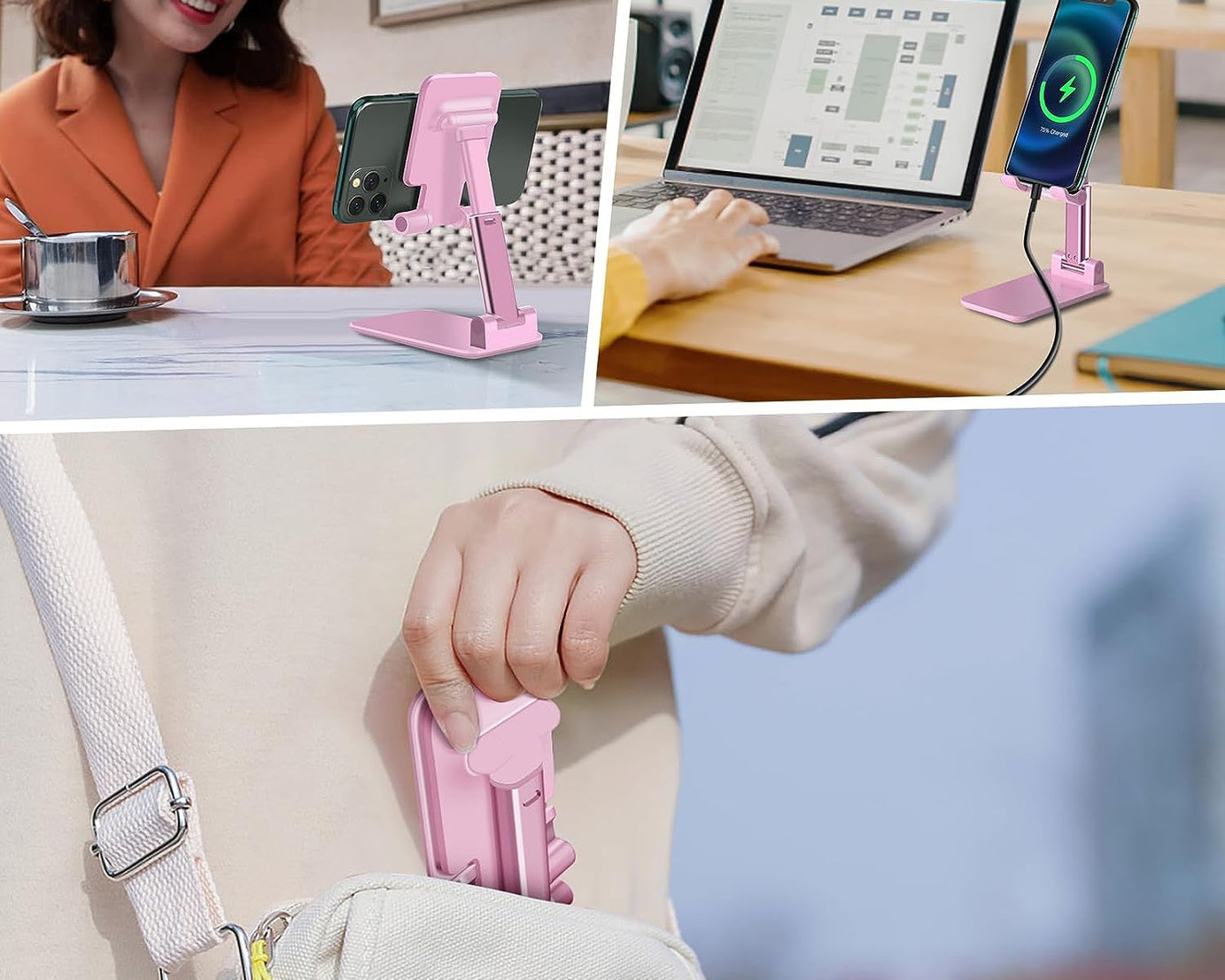 DESKTOP CELL PHONE STAND PHONE HOLDER WITH MIRROR FULL 3-WAY ADJUSTABLE PHONE STAND FOR DESK HEIGHT + ANGLES PERFECT AS DESK ORGANIZERS AND ACCESSORIES