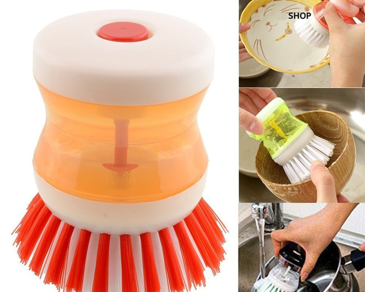Convenient dishwashing brush with built-in liquid soap dispenser