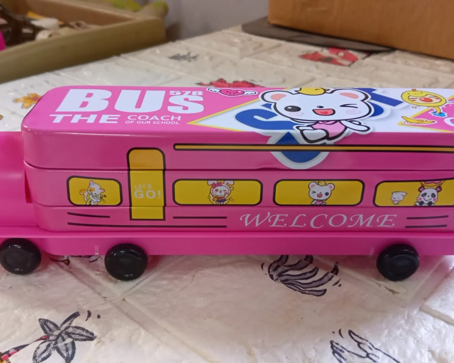 Double Decker Magic Bus Compass 2 Layer Metal Bus Compass Pencil Case with Movable Wheels & Sharpener Bus Shape with Tiers Metal Pencil Box for Kids Birthday Party