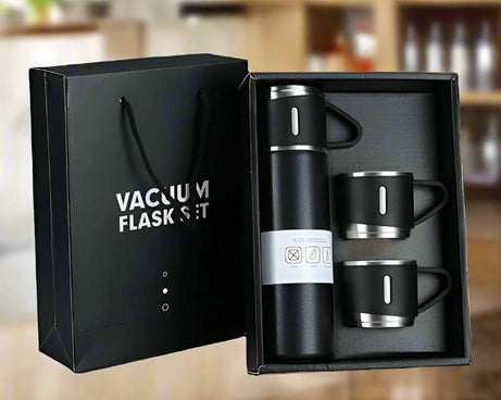 Stainless Steel Vacuum Flask Set with 3 Steel Cups Combo for Coffee Hot Drink and Cold Water Flask Ideal Gifting Travel Friendly Latest Flask Bottle. (500ml)