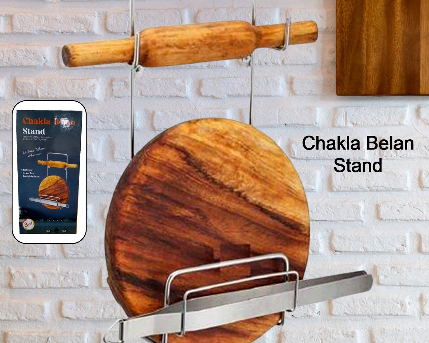 Chakla Belan Chimta Stand Rolling Pin Board Tong Holder Silver Stainless Steel Multi-Purpose Rack for Kitchen (1 Pc )