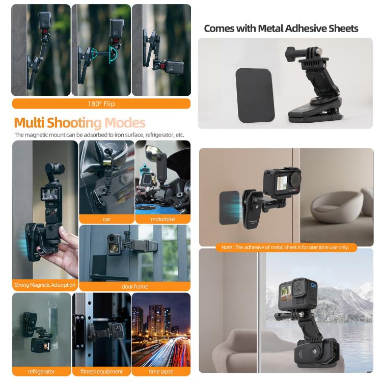 Sunnylife Stretchable Backpack Clip Rotatable Magnetic Mount Action Camera Holder Vlog Mount, For Action Cameras