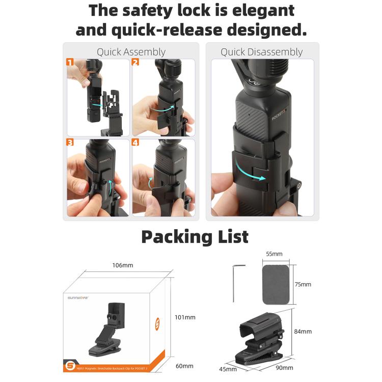For DJI Osmo Pocket 3 Sunnylife Stretchable Backpack Clip Rotatable Magnetic Mount Action Camera Holder Vlog Mount, For DJI Osmo Pocket 3