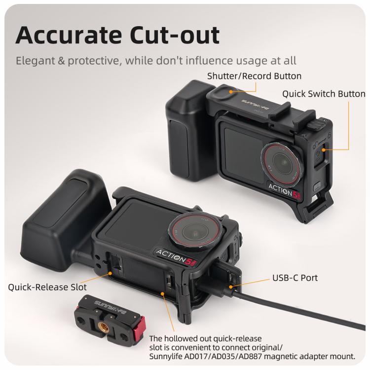 Sunnylife Street Photography Handle Ergonomic Hand Grip Quick Release Shutter Handle For DJI Action 5 Pro / 4 / 3