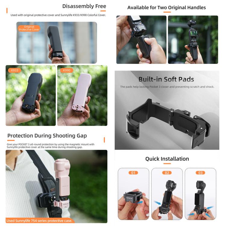 For DJI OSMO Pocket 3 Sunnylife Quick Release Adapter Mount Frame Two-Way Adapter Expansion Selfie Stick Tripod Adapter