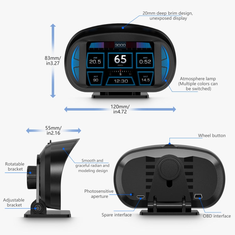 P2 3 inch Multi-function HD OBD LCD Instrument GPS Car Speed Slope Meter HUD Head-up Display