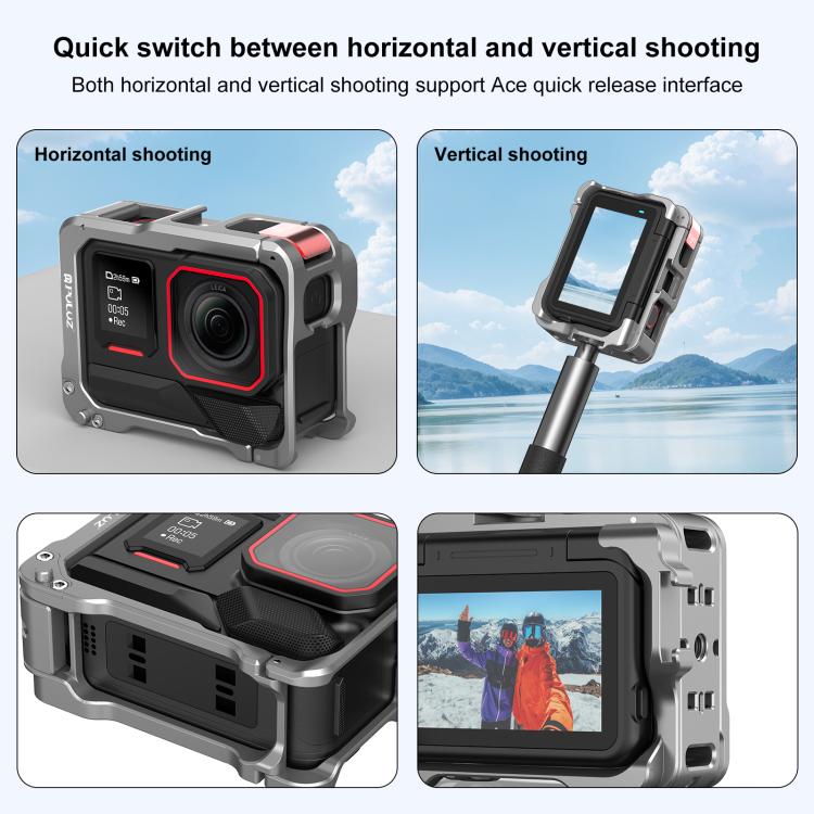 For Insta360 Ace Pro 2 PULUZ Aluminum Alloy Protective Cage Rig Dual Cold Shoe Housing Frame