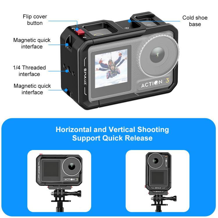 For DJI Osmo Action 5 Pro / 4 / 3 PULUZ All-inclusive Aluminum Alloy Cage Expansion Adapter Frame with Lens Cover