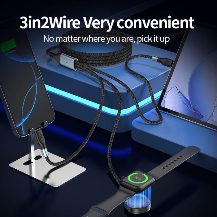 100W PD Fast Charging Date Cable for Phone and Watch, 1.2m 2-in-3, 2m 2-in-3, 1.2m 2-in-2, 2m 2-in-2