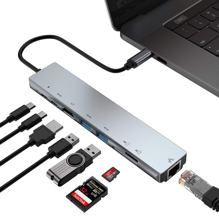 WC7367 8 in 1 87W Type-C to PD+USB3.0/USB2.0+SD+TF+HDMI+RJ45+Type-c Docking Station HUB, WC7367