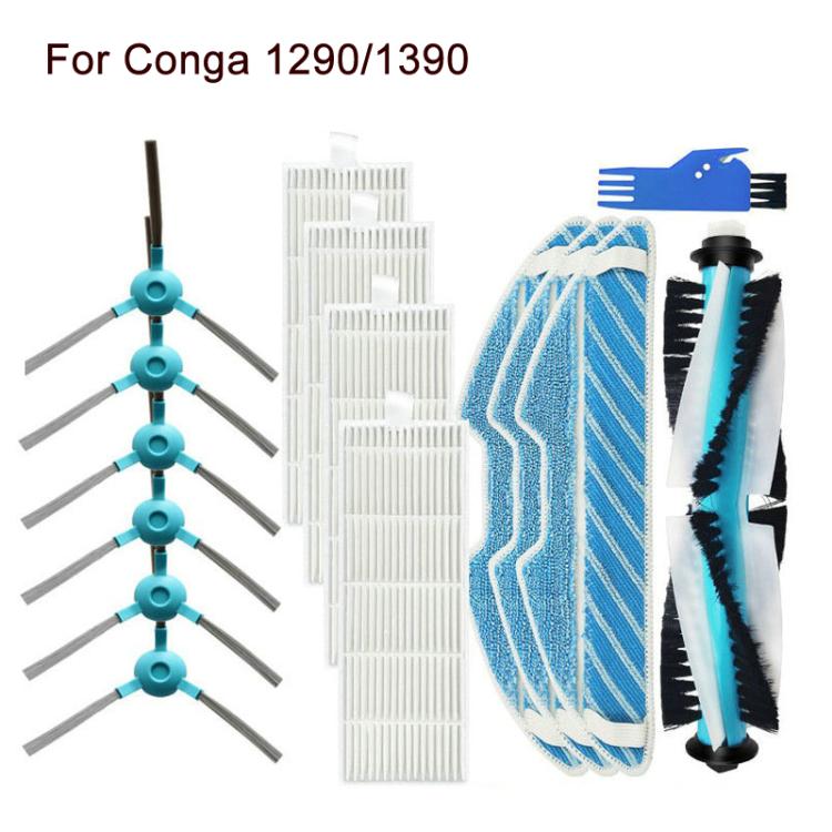 For Conga 1290/1390 Robot Vacuum Replacement Parts, Main Brush, 2pairs Side Brush, 2pcs Filter, 2pcs Mop Pad