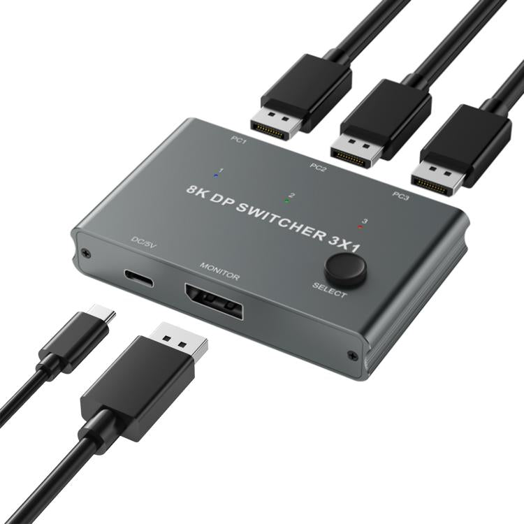 DisplayPort Switch 8K 30Hz HD Splitter For Computer Screen, DP201 2 In 1 Out, DP301 3 In 1 Out