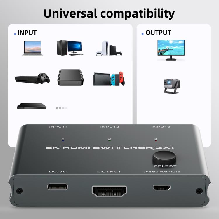 3 In 1 Out HDMI Switch 8K 60Hz / 4K 120Hz Computer HD Conversion, HD31 3 In 1 Out
