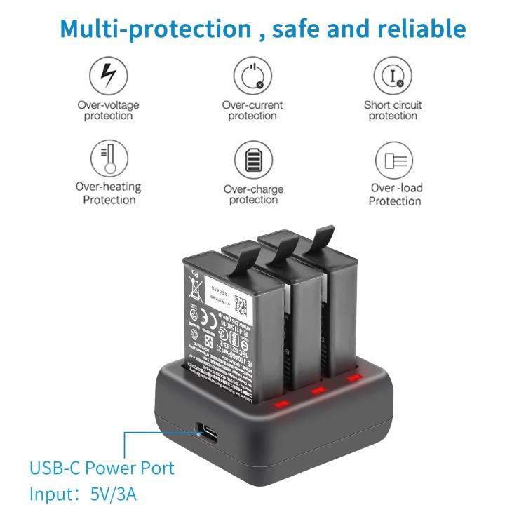 For DJI Osmo Action 4/Action 3 YX 3-Slot Battery Charger Hub Compact Charging Station, 5V 3A Tri-Slot Batteries Charger