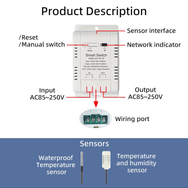 DIY-WT-09 20A Temperature Switch Smart Thermostat, Compatible With Google / Alexa / Yandex Alice / IFTTT