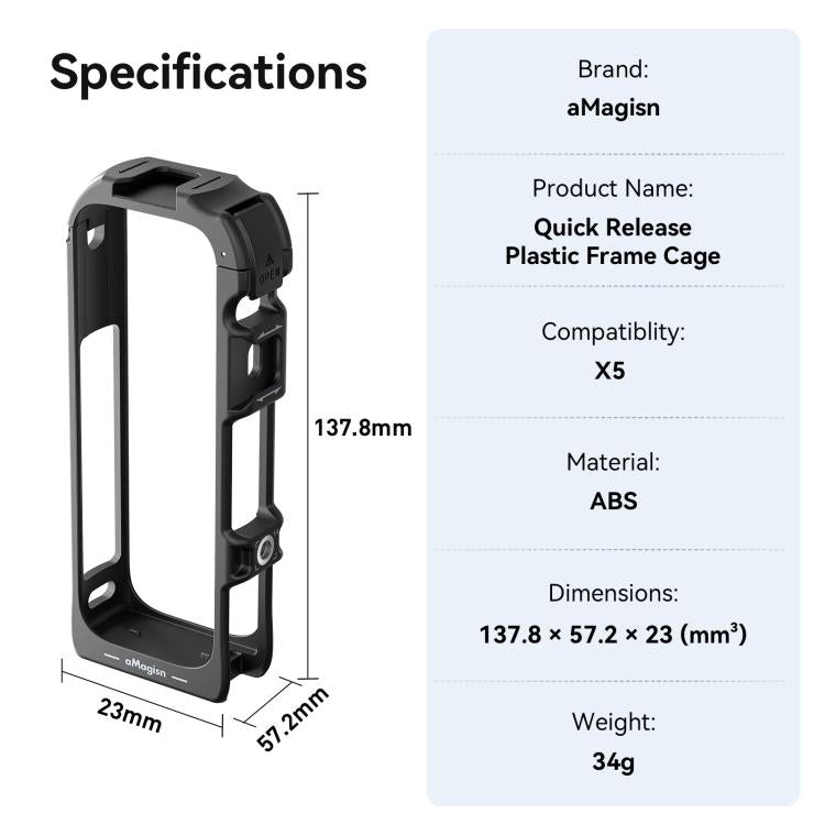 For Insta360 X5 AMagisn Quick Release Plastic Cage Expansion Frame Accessories, PF02
