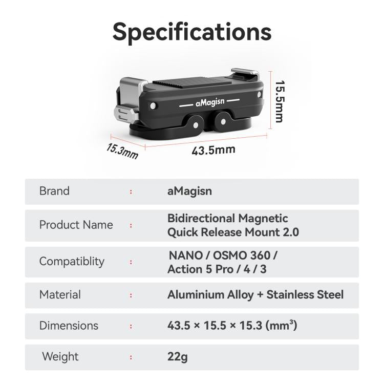 aMagisn TN11 Bidirectional Magnetic Quick Release Mount 2.0 For DJI Nano / Osmo 360 / Action 5 Pro / 4 / 3