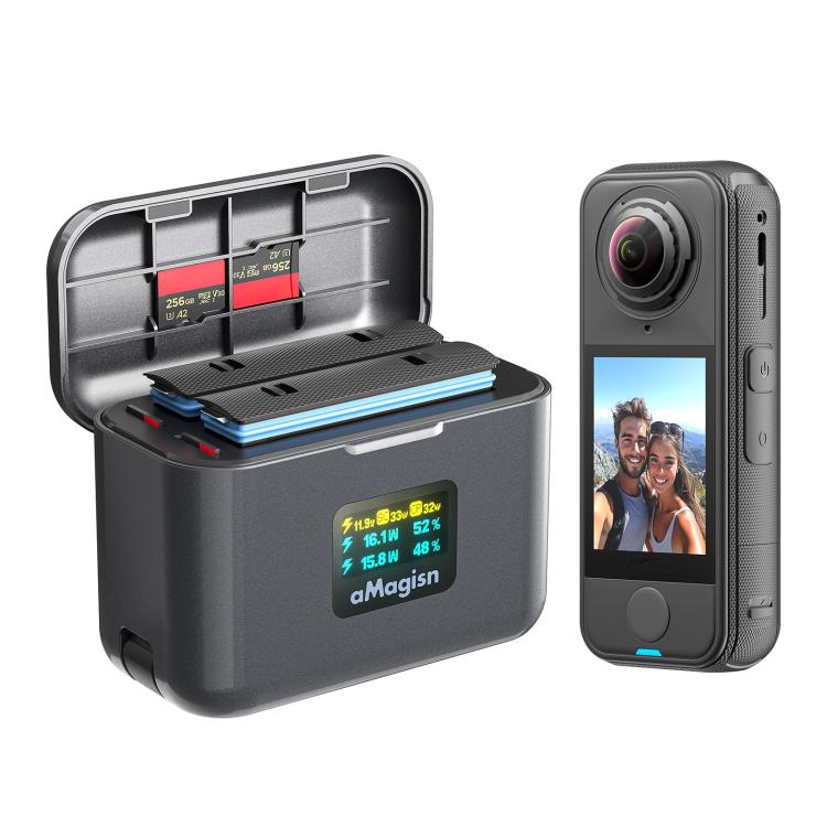 For Insta360 X4 Air Battery aMagisn 36W Fast Charging Case with Color Display & Built-in USB-C Cable, PM13