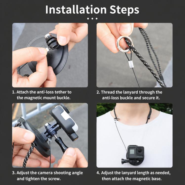CQT Magnetic Neck Mount for Action Cameras Hands Free POV Quick Release Lanyard Holder, Single Bracket, With Adapter Set