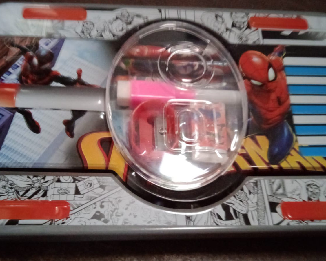 Big Cartoon Printed  Metal Compass Box, Pencil Case With Sharpner, Eraser, Pencil, Marker & Scale for Kids Stationery Compass Box, Stationery Gift for School Kids Compass, Pencil Box, Birthday Return Gift for Kids  (6 Pc Set)