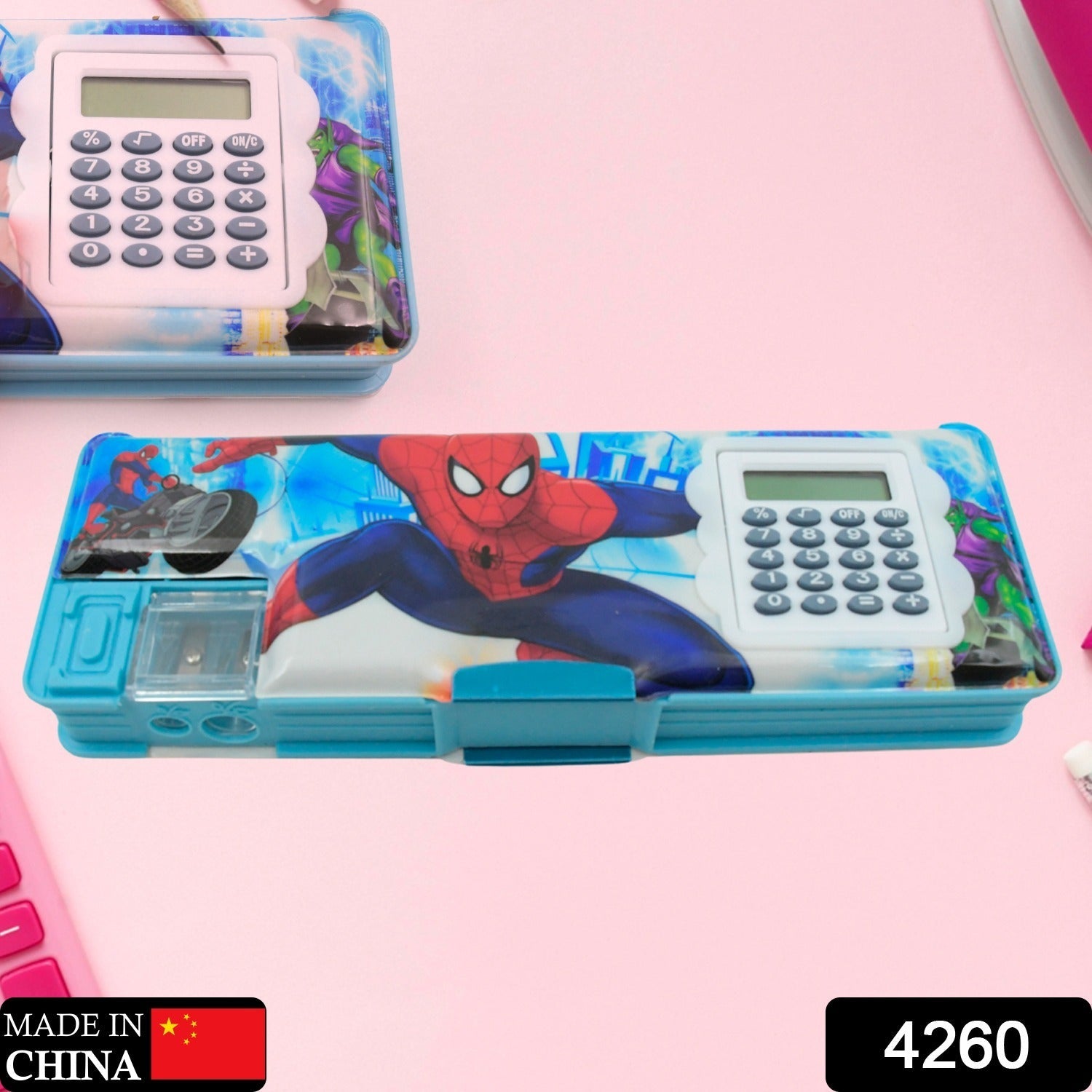 4260 Art & Stationery Cartoon Multi-functional Geometry Box for Boys with Inbuilt Calculator, 2 Sides Open and Double Sharpener Stationery Kit Pencil Box for Boys Art Plastic Pencil Box for Girls and Boys