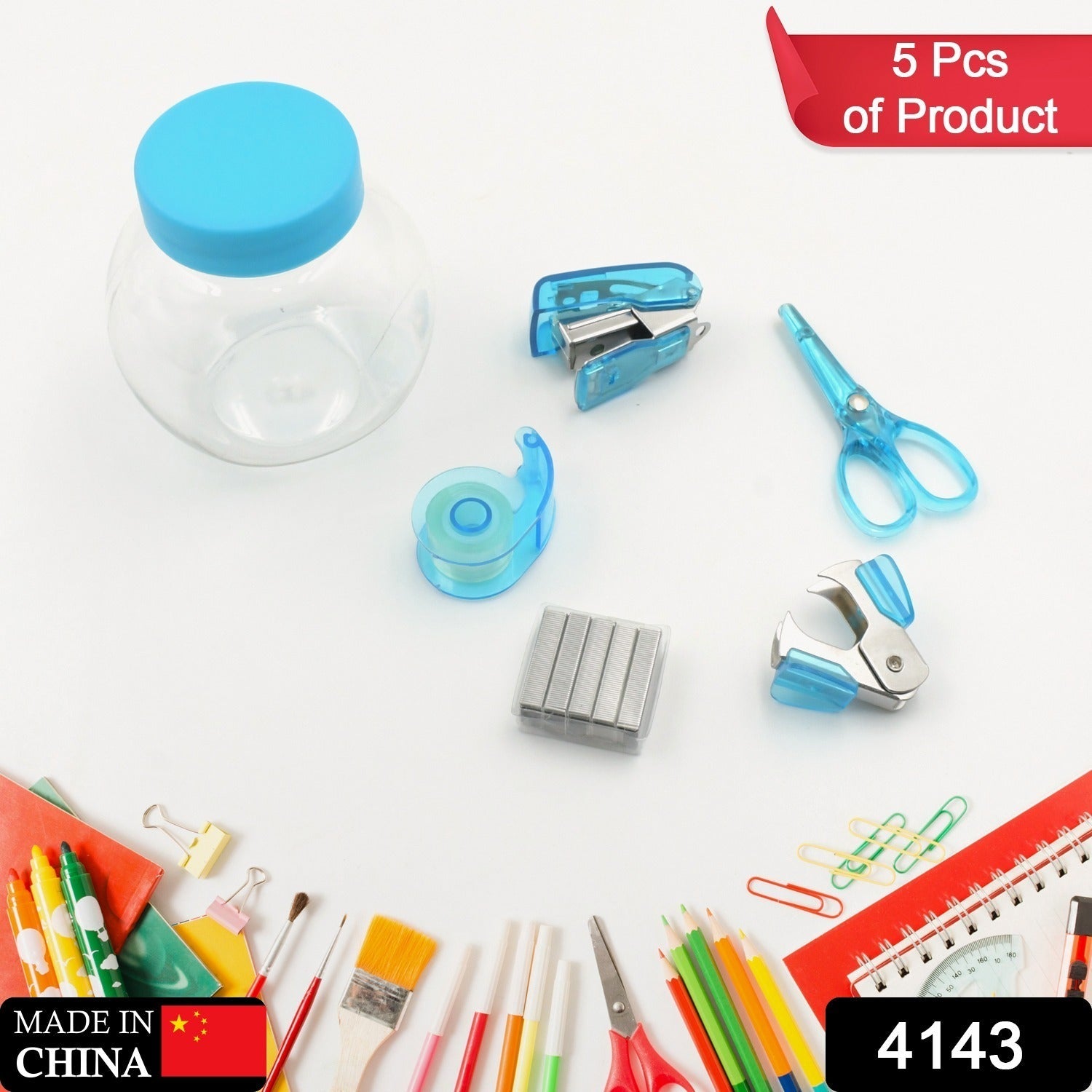 Mini Office Stationery Set - Stapler, Scissors, Paper Clips, Tape Dispenser, Transparent Tape, And Staples