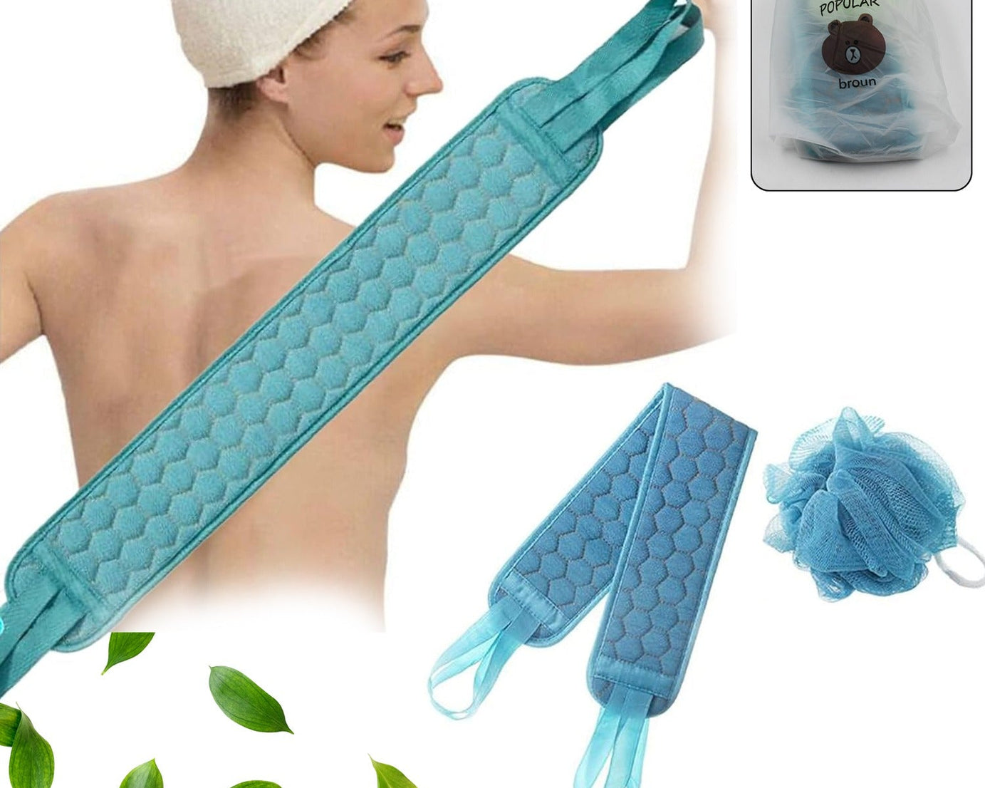 Bath Shower Set Scrubber Loofah Sponge Pouf, Bath Brush Extra Long Dual Sided Scrubber Long Lasting Deep Clean Super Soft, Body Scrubber For Men Woman (2 Pcs Set)