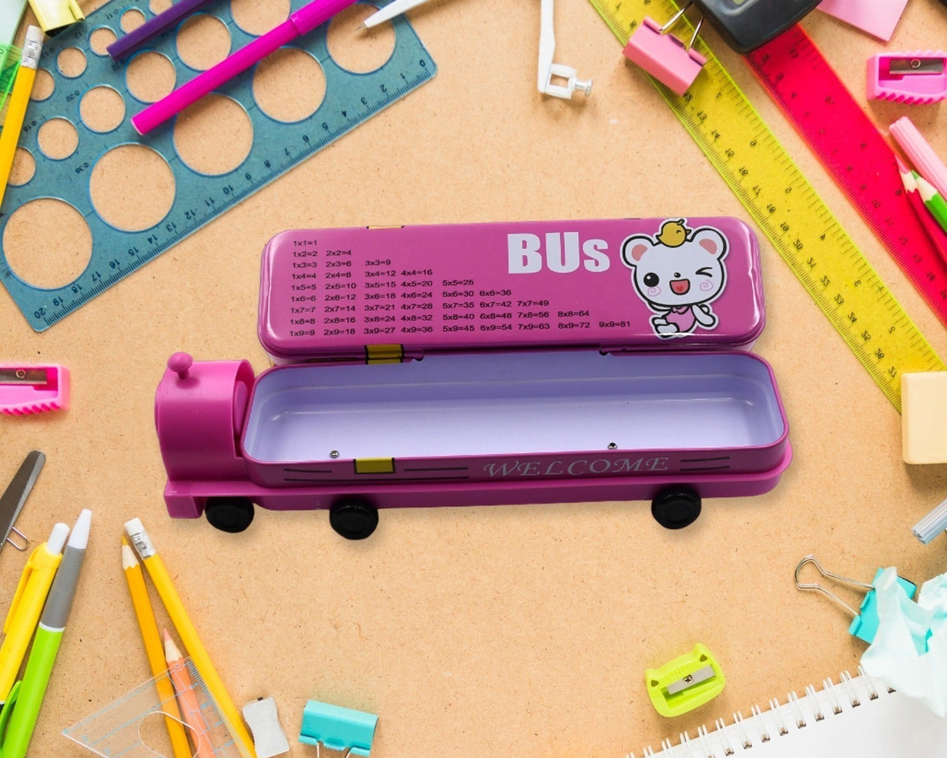 Double Decker Magic Bus Compass 2 Layer Metal Bus Compass Pencil Case with Movable Wheels & Sharpener Bus Shape with Tiers Metal Pencil Box for Kids Birthday Party