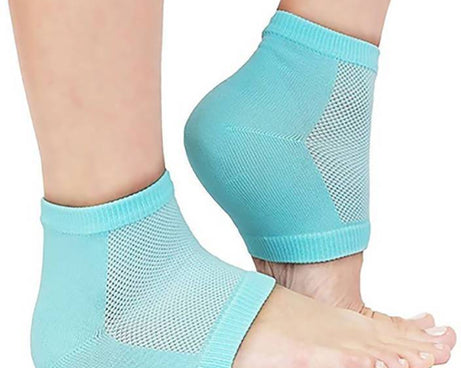 Multicolor silicone heel socks for pain relief.