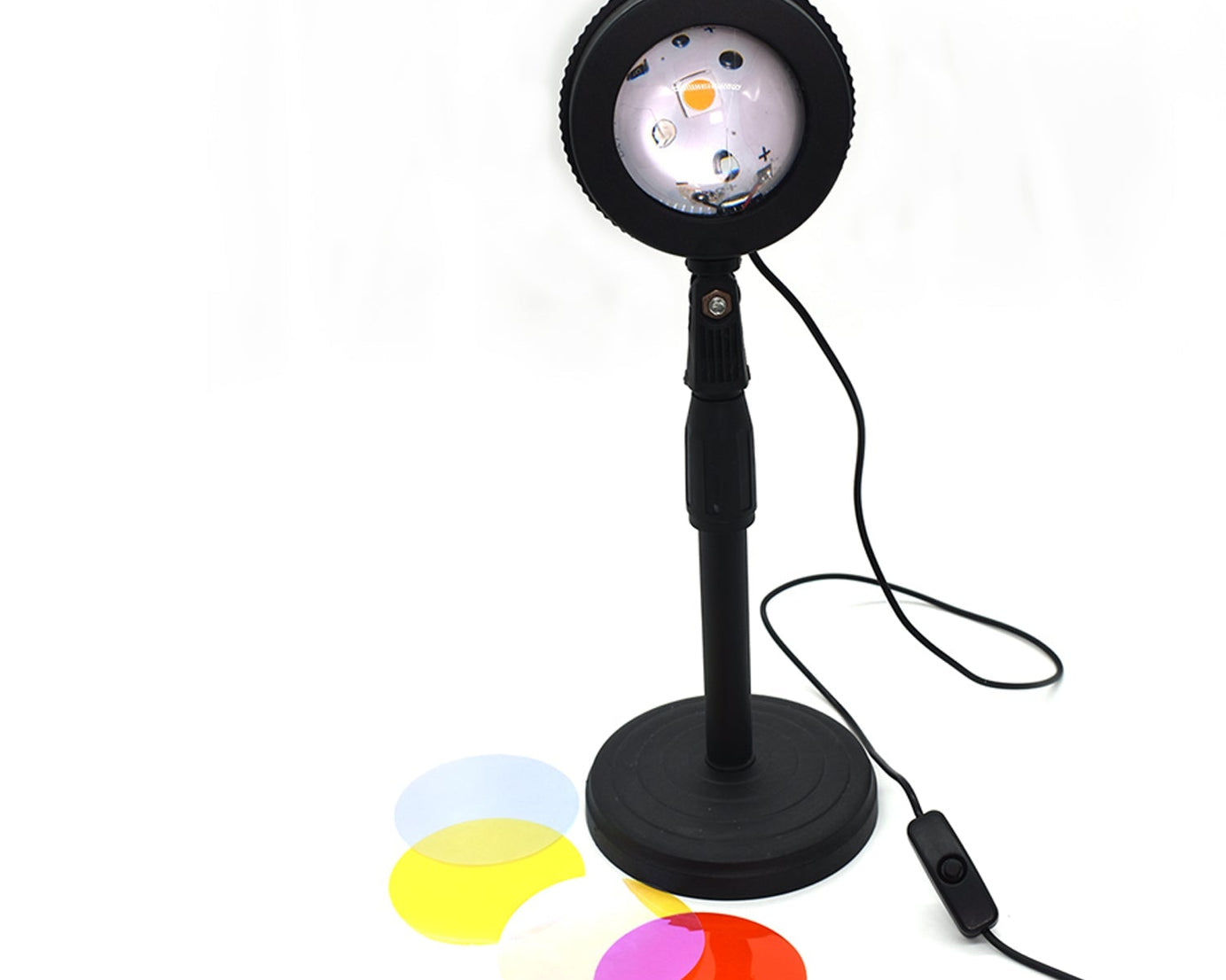 LED sunset lamp, night light, four colors, shown from various angles.