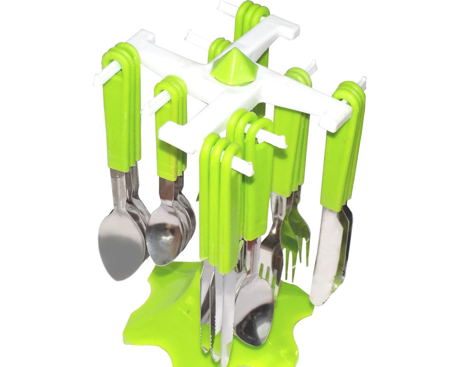 Stainless steel cutlery set with stand, 24 pieces for premium dining.