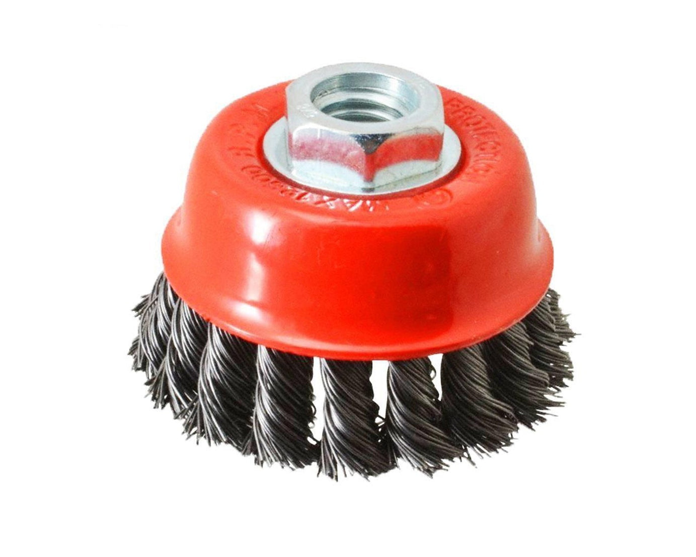Wire cup brush in black for tough cleaning tasks.