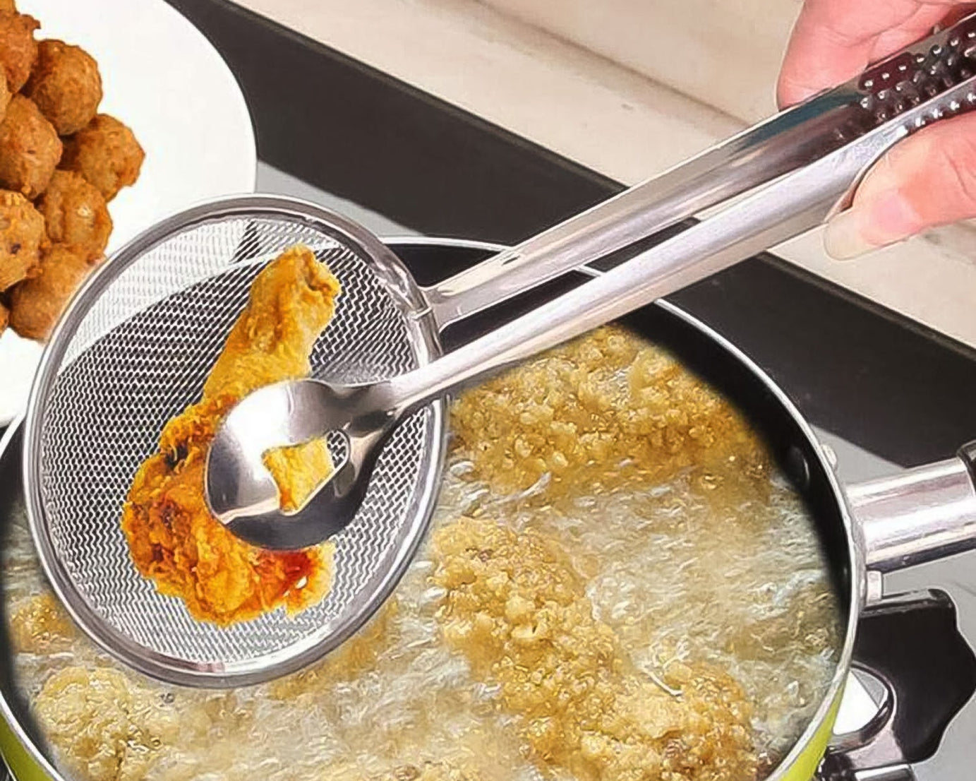 2In1 Stainless Steel Filter Spoon with Clip Food Kitchen Oil-Frying Multi-Functional