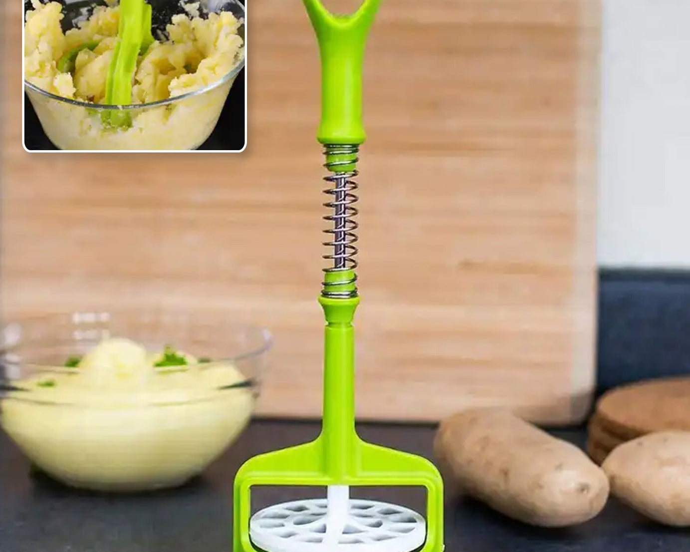 Multi Functional One-Handed Plastic Manual Mashed Potatoes Masher, Mash Sweet Potato Masher with Comfort Grip and Stainless-Steel Spring Design for Nonstick Pans (1 Pc)