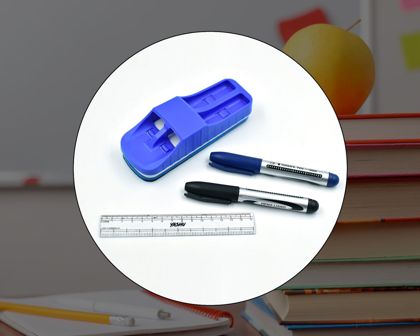 duster, ruler, and marker for classroom use.