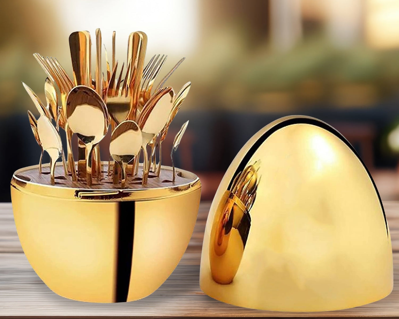 Premium Cutlery Set 24 Pcs with Oval Shaped Stand | Beautiful Stylish Oval Designed Cutlery Sets, Egg-Shaped Luxury Spoon Holder Set  (Golden / 24 pcs set)