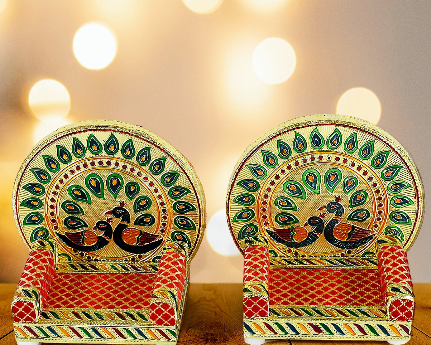 Meenakari Work Laddu Gopal Singhasan for Pooja Mandir Wooden Krishna Ladoo Bal Gopal Sofa Asan, Home Decorative Premium Look Decorative Singhasan Suitable For Home, Office, Restaurant (2 Pc Set)