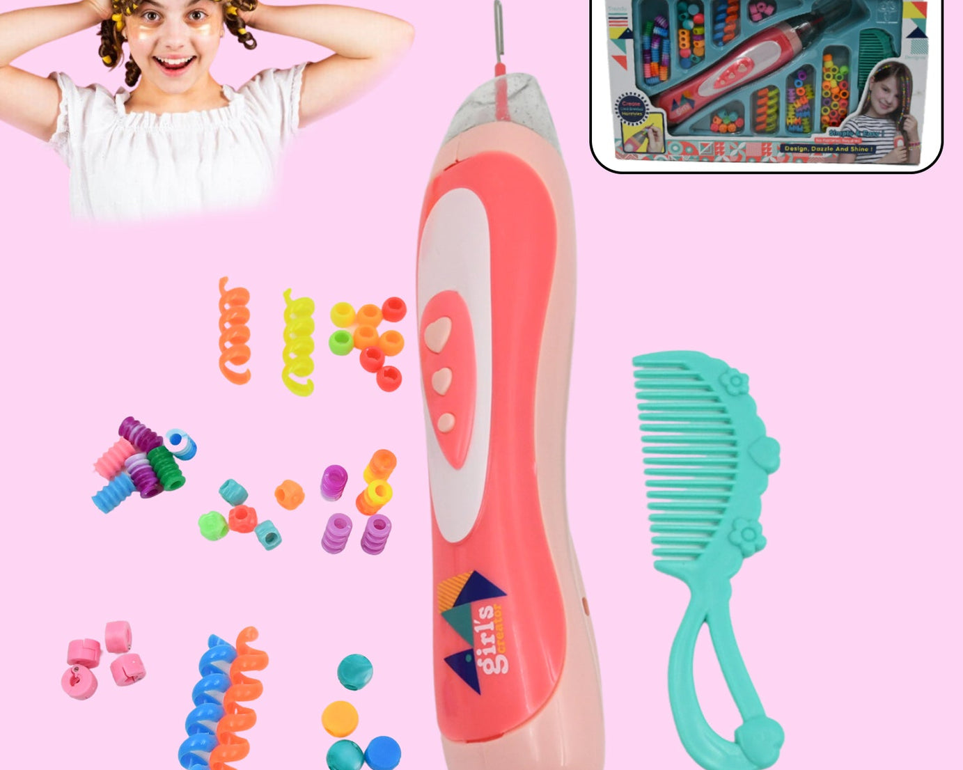 Hair Styling Clasp Clips Twisting Stringing Beads Kit for Girls, Portable Hair Braider Machine,Hairstyle Braid Kit DIY Hair Styling Tool with Comb, Rubber, Button Beads and Beads (85 Pcs Set)