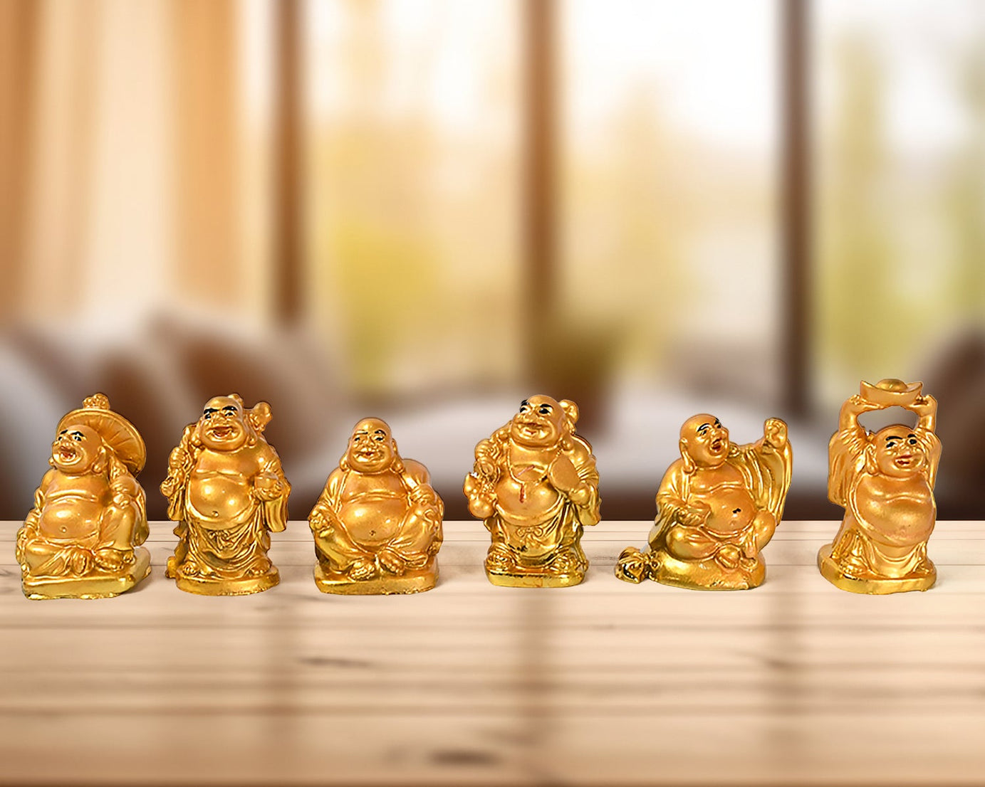 Golden Laughing Buddha Set Of Six Pieces Statue For Happiness, Wealth & Good luck Decor For Wealth and Success (6 Pcs Set)
