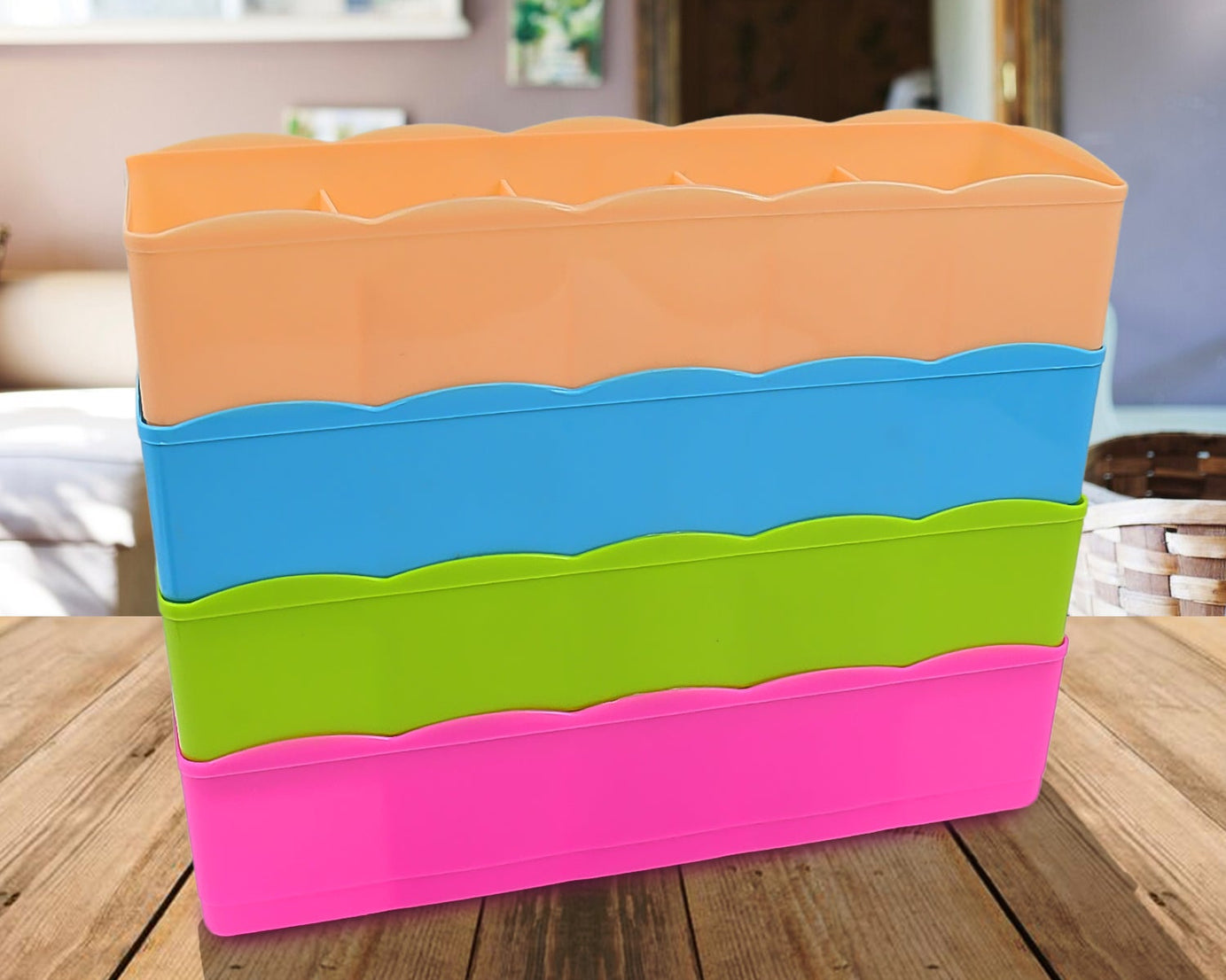 Pack of 4 storage boxes with 5 compartments for organizing socks and accessories.