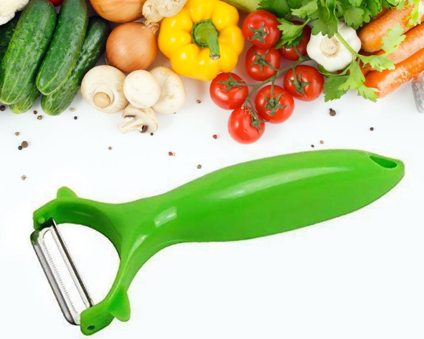 Durable kitchen peeler with a stainless steel blade for peeling fruits and vegetables.