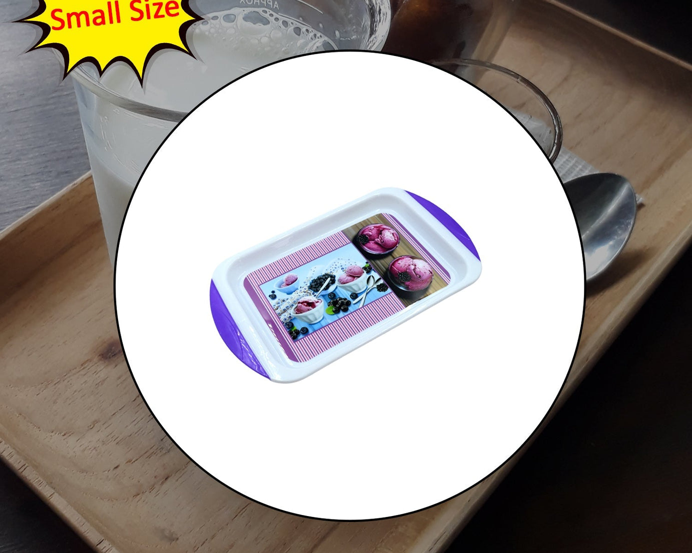 Plastic kitchen tray for various uses, compact size.