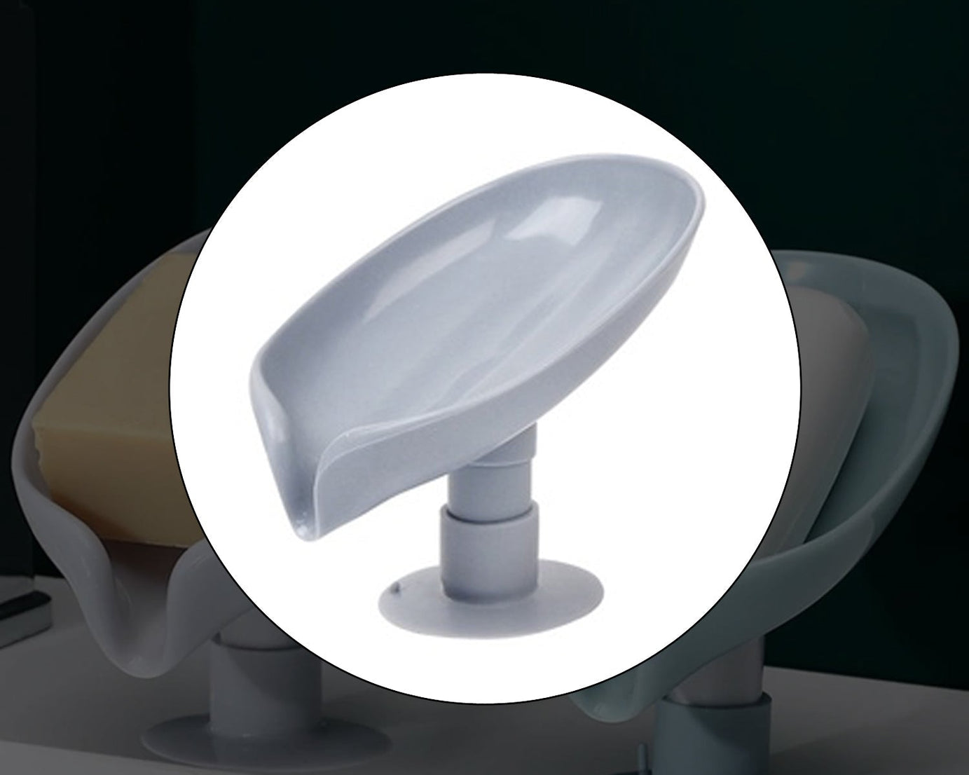 Leaf-shaped soap dish with self-draining feature for the bathroom.